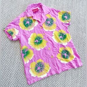 Big Bud Press Pink Short-Sleeve Button-Up Bold Yellow & Green Floral Print P XXS